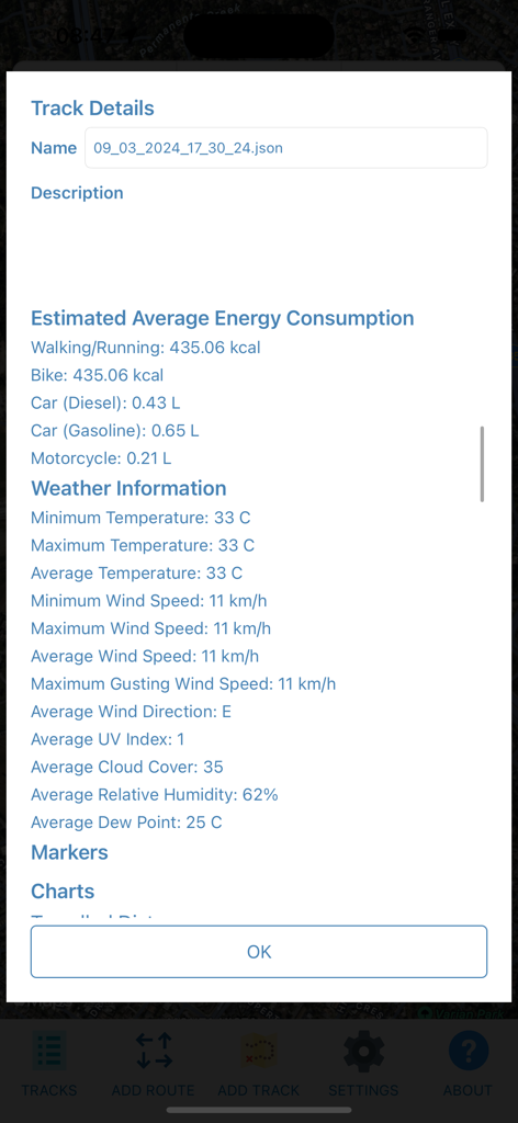 GeoTracker Lite track details screen showing energy consumption and detailed weather data summary