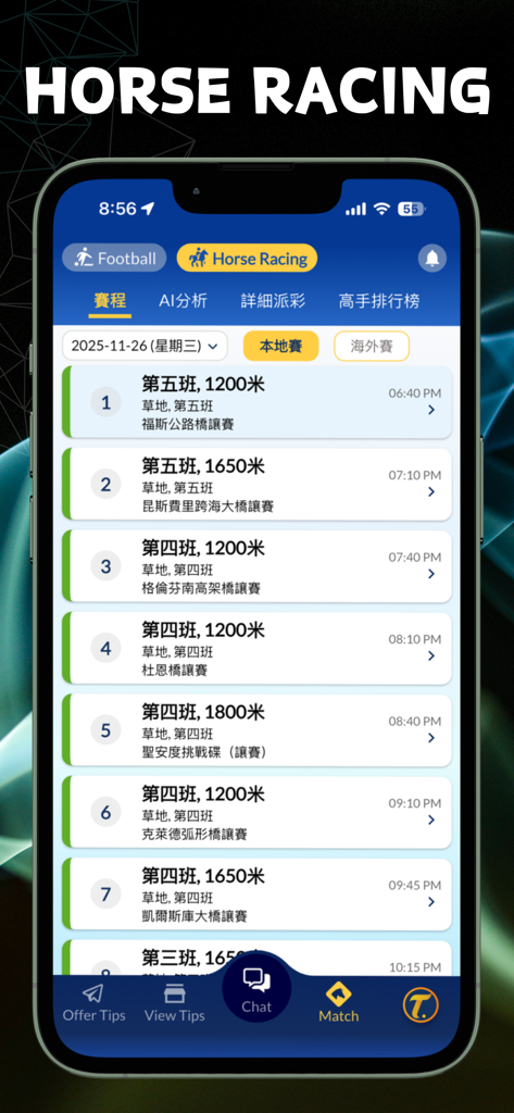 Interface de l'application mobile Tipsme montrant les horaires des courses hippiques et les détails des courses