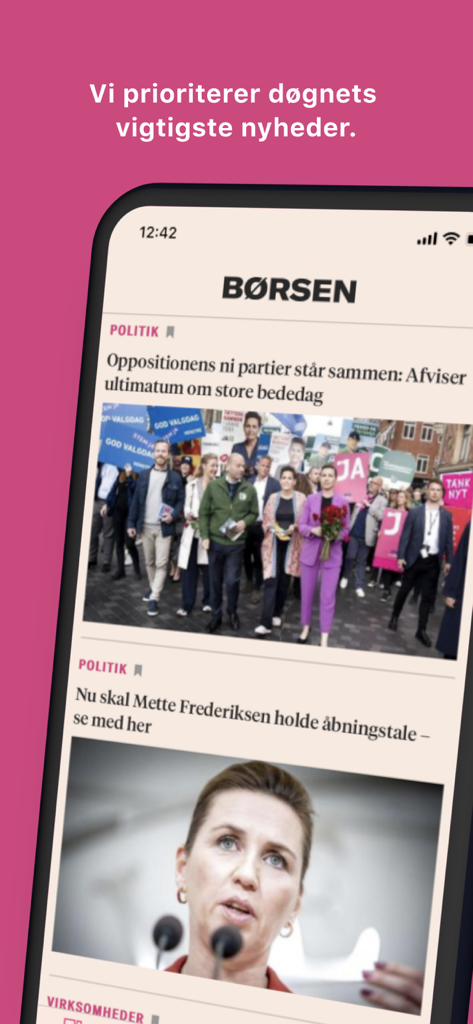 Børsen mobile app news feed featuring daily business and political headlines in Danish.