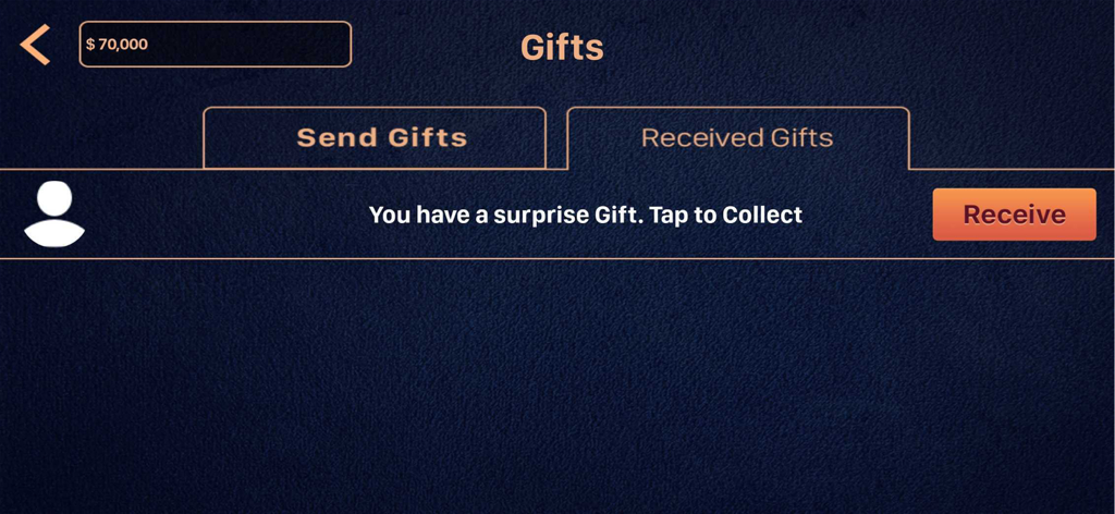 Pai Gow Poker Casino - Gifts screen in Pai Gow Poker Casino showing a surprise gift notification with a receive button