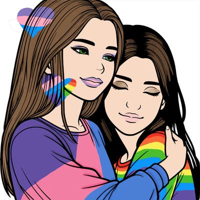 two realistic girls hugging (one with long hair one with short hair)