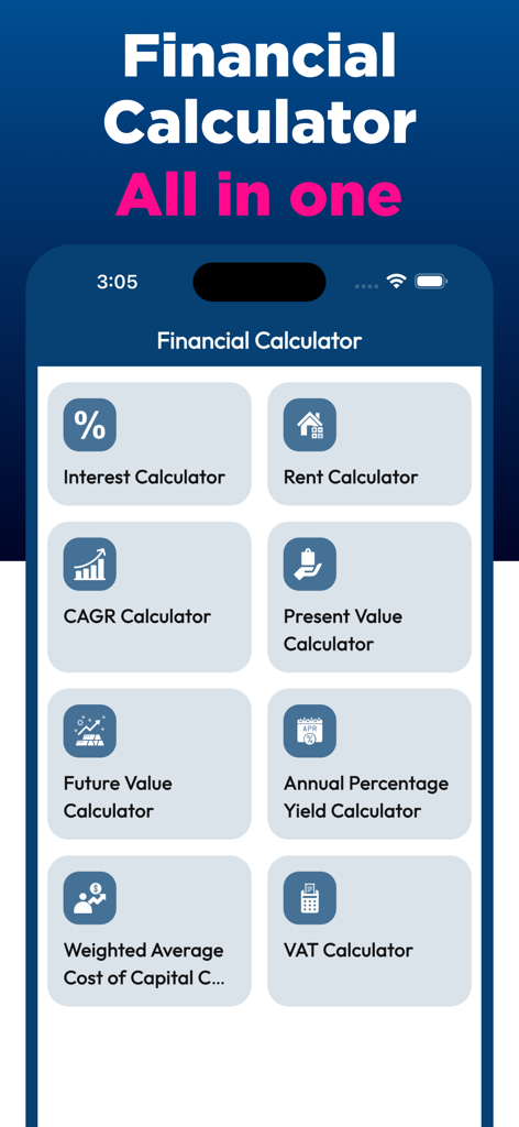 Main menu of the Financial Calculator FCalc app showing various calculation tools like CAGR and WACC