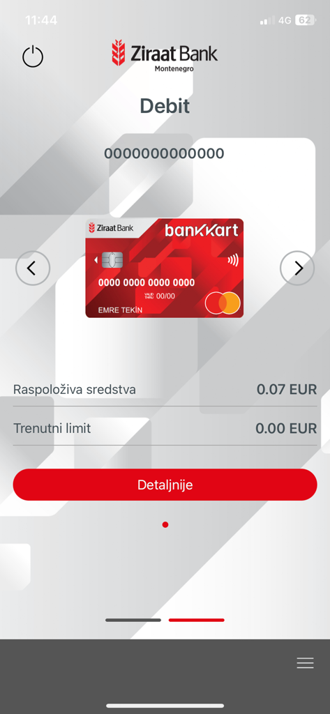 Ziraat Bank Montenegro mobile app showing a debit card with available balance and account details in Euros