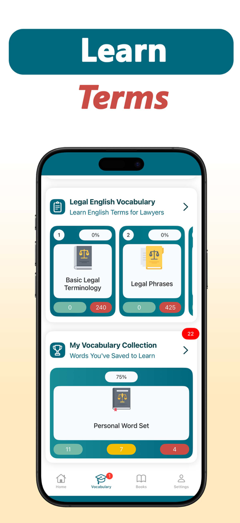 Legal English: Learn Language - Interface de l'application Legal English montrant les modules de terminologie et de phrases juridiques de base