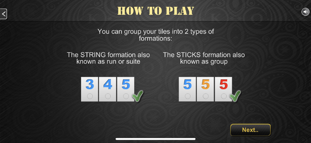 Schermata tutorial per Rummy PRO che spiega la differenza tra le formazioni di tessere a sequenza e a gruppi
