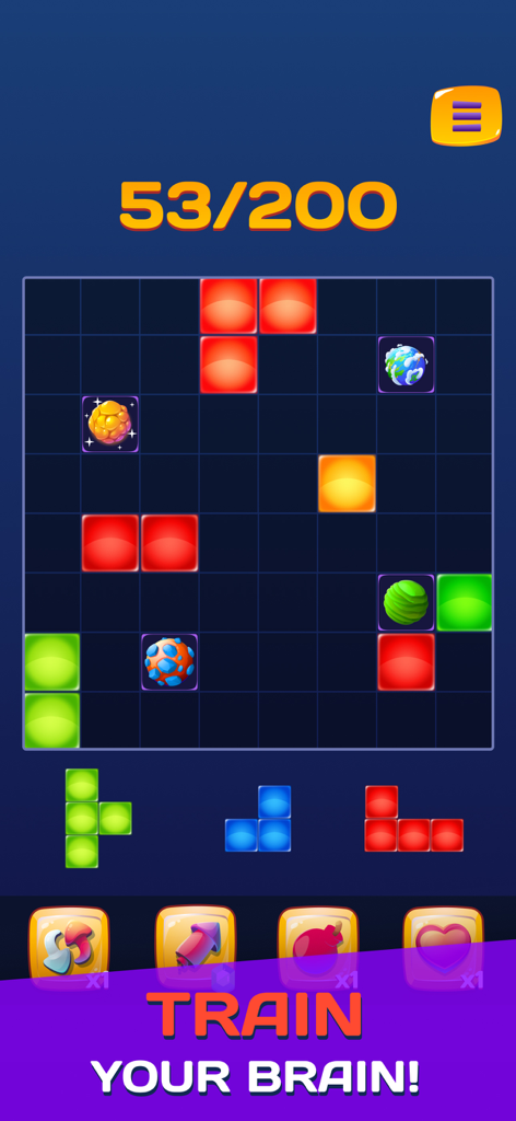 Block Blaster: Puzzle Games - Cosmic themed grid puzzle gameplay in Block Blaster with the text Train Your Brain