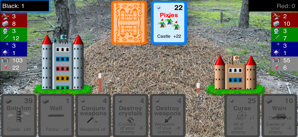 Mravenci - Jugabilidad del juego de estrategia de cartas Mravenci mostrando gestión de recursos y construcción de castillos