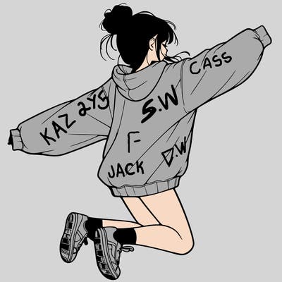 realistic girl jumping with a bun and oversized sweatshirt