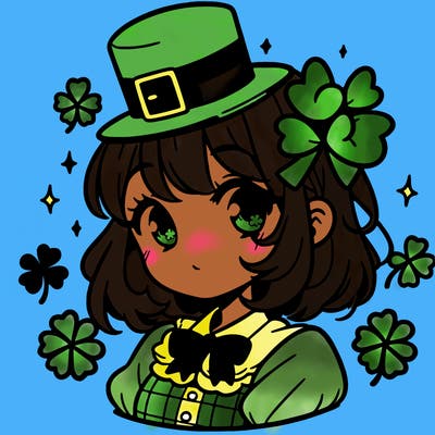 a manga-style girl with clovers around her, a little hat in her hair, like it's saint patrick's day