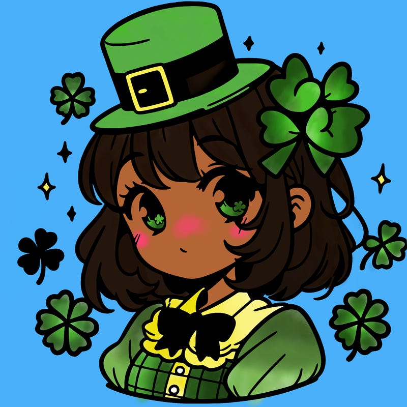 a manga-style girl with clovers around her, a little hat in her hair, like it's saint patrick's day