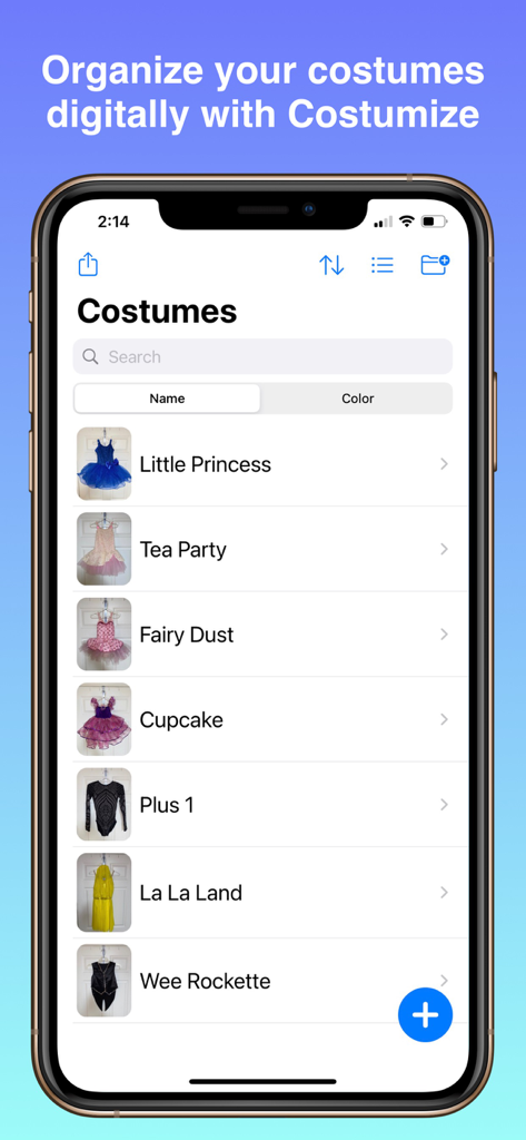 Mobile app interface showing a list of costumes with photos and names for digital organization