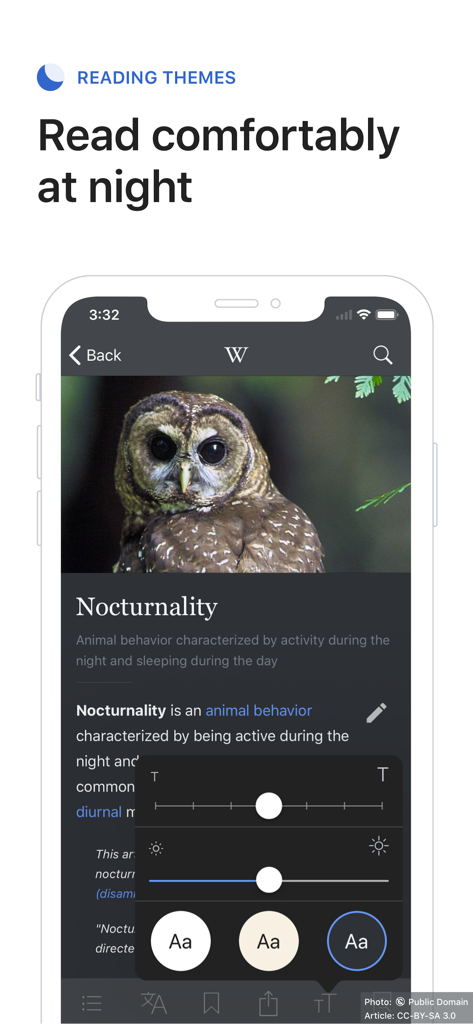 Wikipedia mobile app interface showing dark mode and font size settings for comfortable night reading