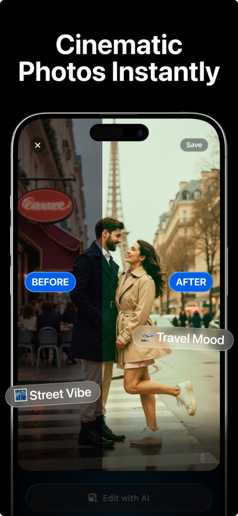 Before and after view of a travel photo edited with cinematic AI filters