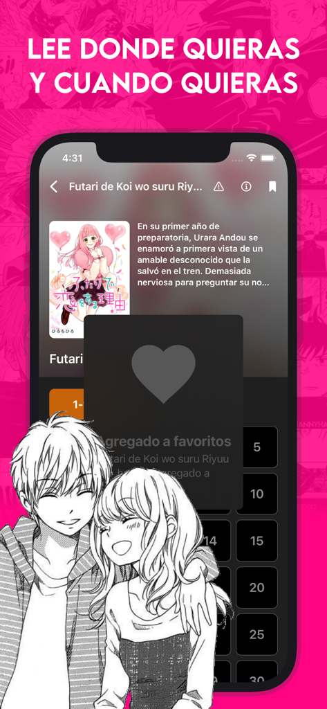 Mango Manga app interface showing a story added to favorites with a manga couple illustration