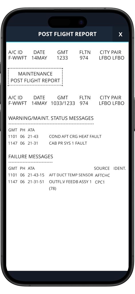 A320 CFDS Trainer - Aplicación Entrenador CFDS A320 que muestra un informe simulado de post-vuelo de mantenimiento con mensajes de fallos y averías
