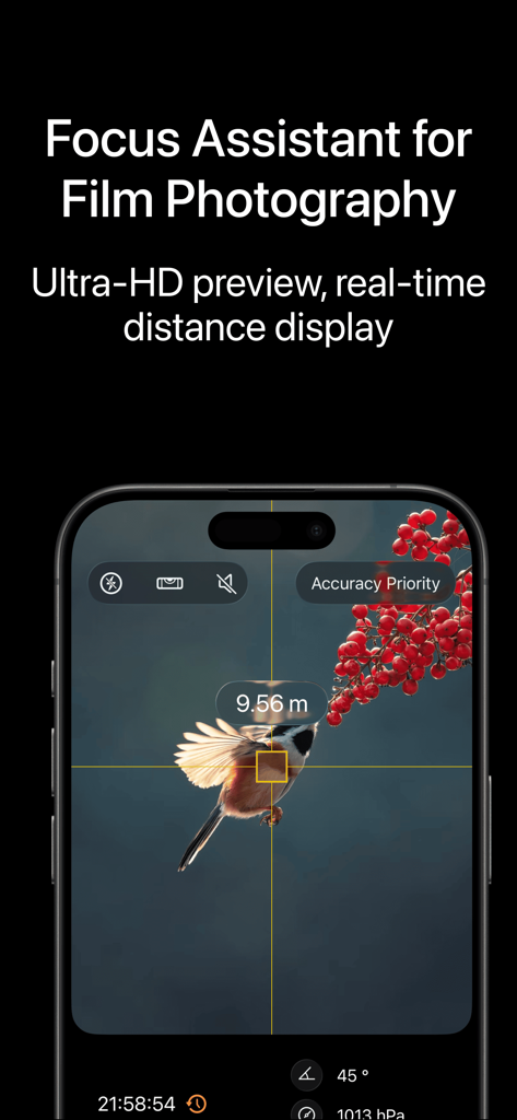 Laser Measure - High Precision - Focus assistant interface in Laser Measure app showing real-time distance for photography.
