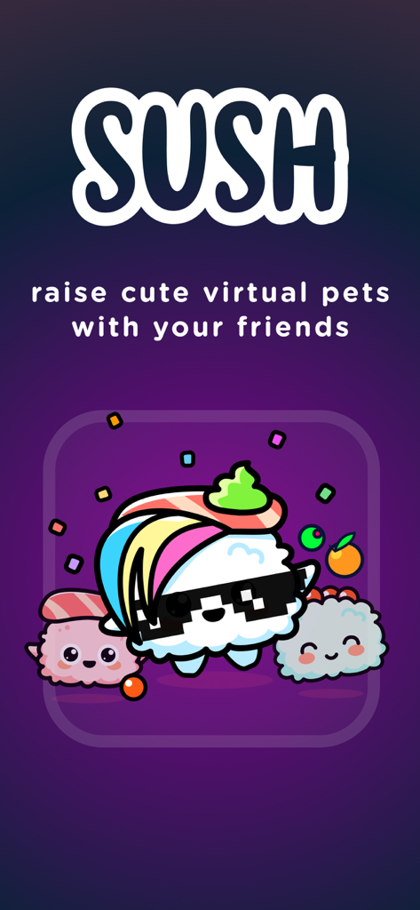 SUSH app logo with cute sushi characters and social pets slogan