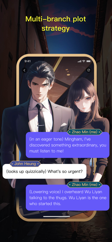 COSAI - AI Roleplay Chat - COSAI app interface showing a multi-branch plot strategy roleplay chat with anime style characters