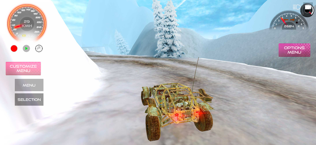 Extreme Car Driving 2 - Un vehículo tipo buggy conduciendo por una carretera de montaña nevada en el juego móvil Extreme Car Driving 2