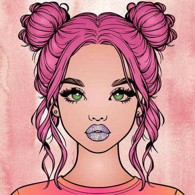 realistic girl with two buns in hair and lips