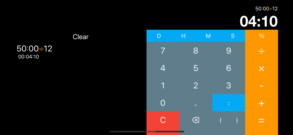 Visão paisagem do aplicativo Timely mostrando um cálculo de tempo de cinquenta minutos dividido por doze resultando em quatro minutos e dez segundos