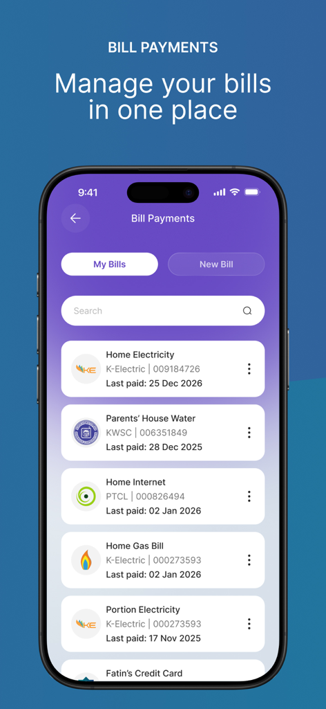 Raqami Islamic Digital Bank app interface showing utility bill payments management