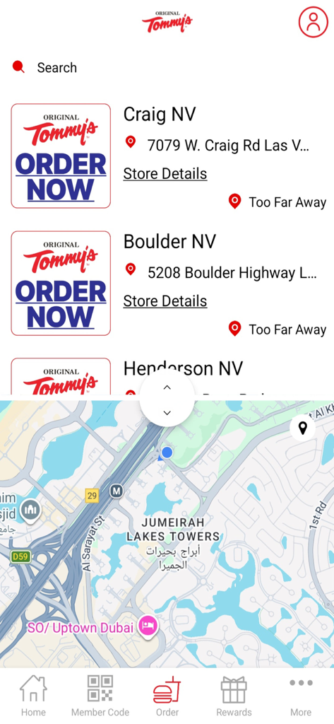 Original Tommy's - Pantalla de la app móvil Original Tommy's mostrando una lista de ubicaciones de restaurantes en Nevada con vista de mapa.