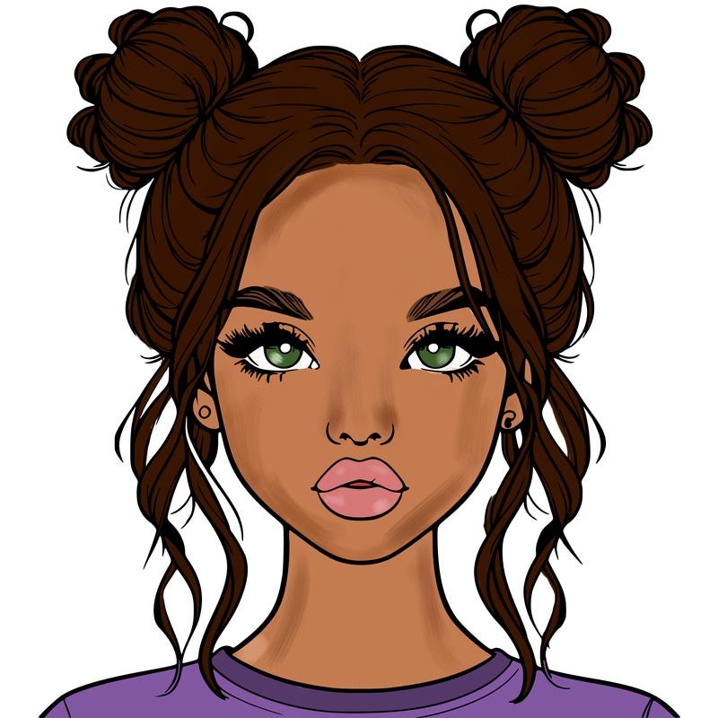 realistic girl with two buns in hair and lips