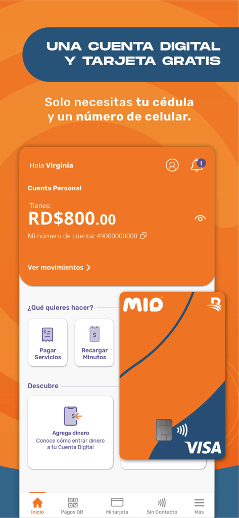 MIO Banreservas Billetera - Home screen of the MIO Banreservas digital wallet app showing a balance and a Visa card.