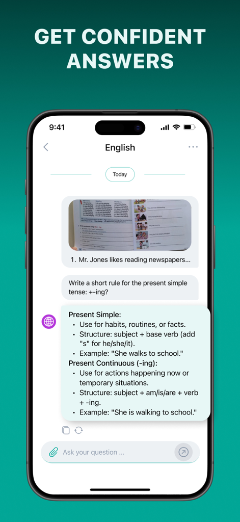 Homework Solver Chat AI Helper - Asistente IA proporcionando una explicación detallada de las reglas de gramática inglesa en una interfaz de chat