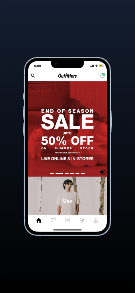Outfitters Pakistan mobile app home screen featuring an end of season sale banner with fifty percent off and a men clothing section
