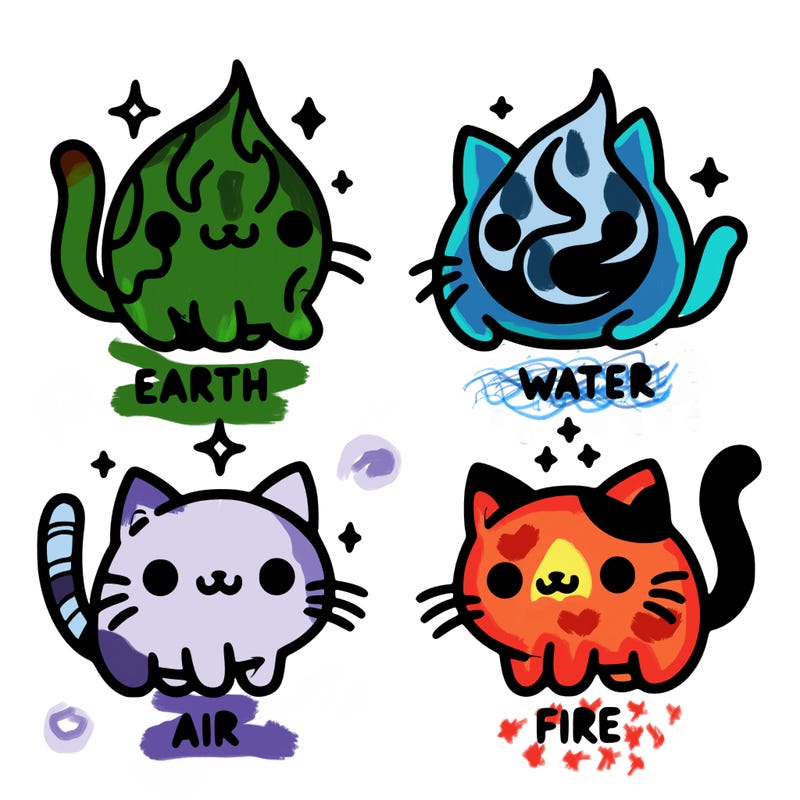 4 cats that represent the different elements, earth, water, air, and fire