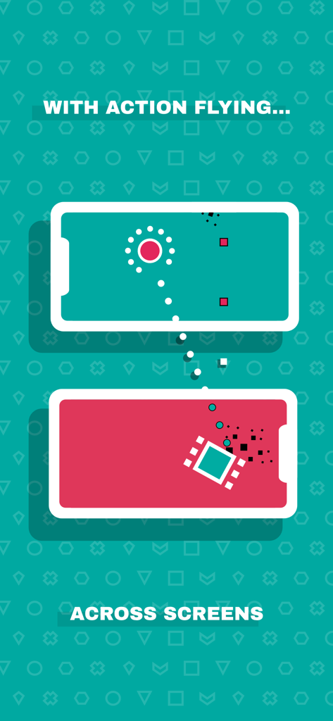 DUAL! - Dos dispositivos móviles que muestran el juego multijugador local DUAL con acción volando entre pantallas