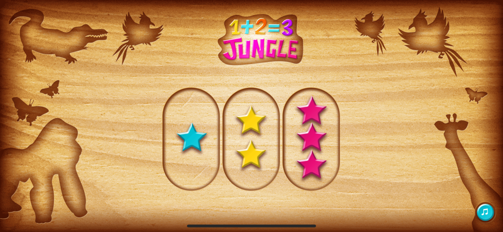 1 + 2 = 3 Jungle Puzzle - Jeu éducatif de comptage pour tout-petits avec des étoiles colorées sur fond de jungle en bois