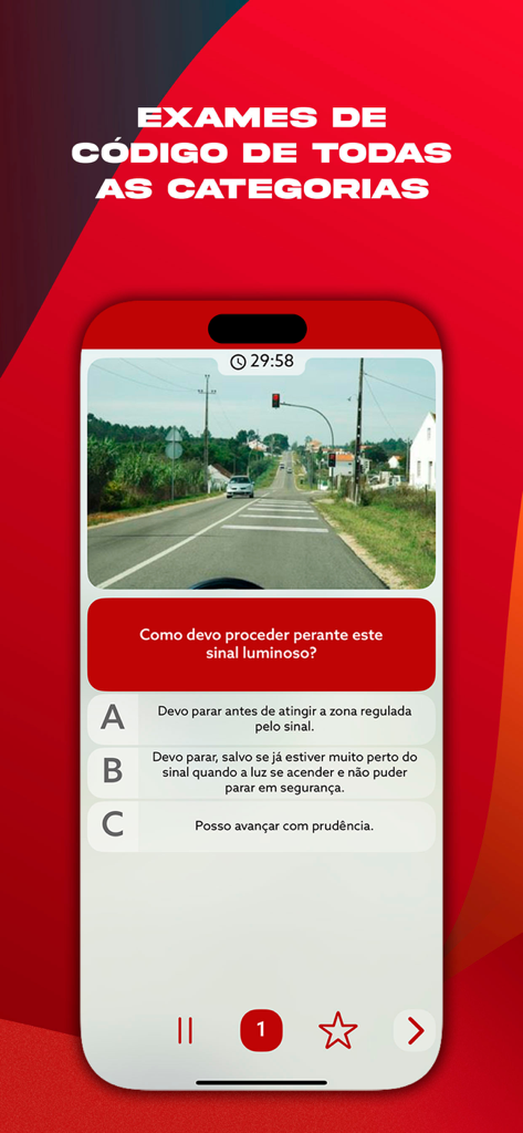 Schermata di pratica dell'esame teorico di guida portoghese.