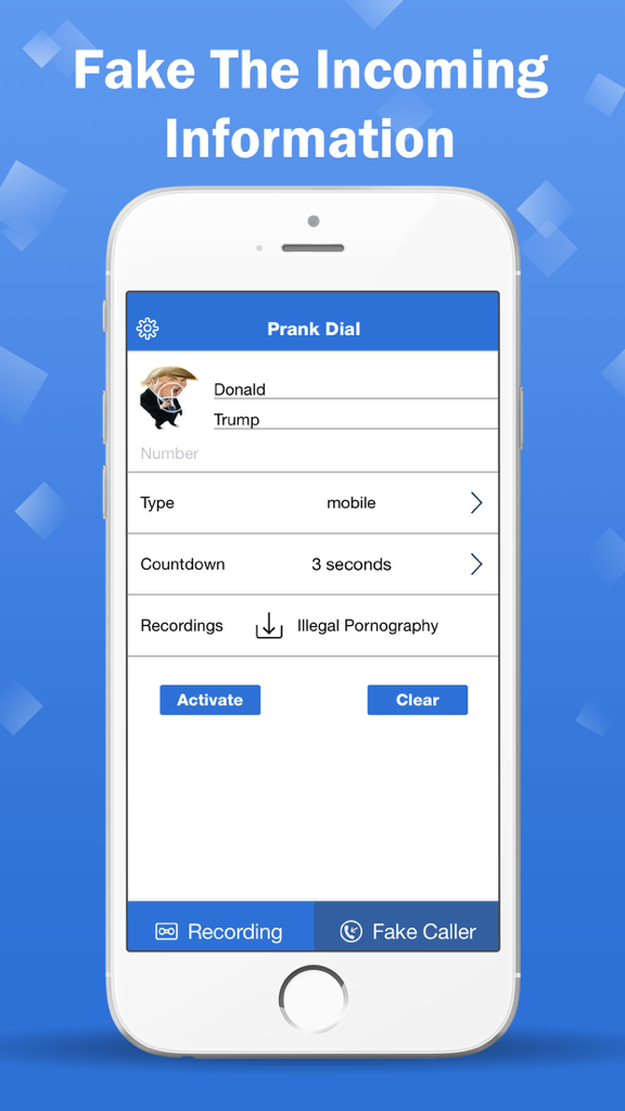 Prank Call App - Spoof Dial - The setup screen of the Prank Call App displaying a fake call configuration from Donald Trump.