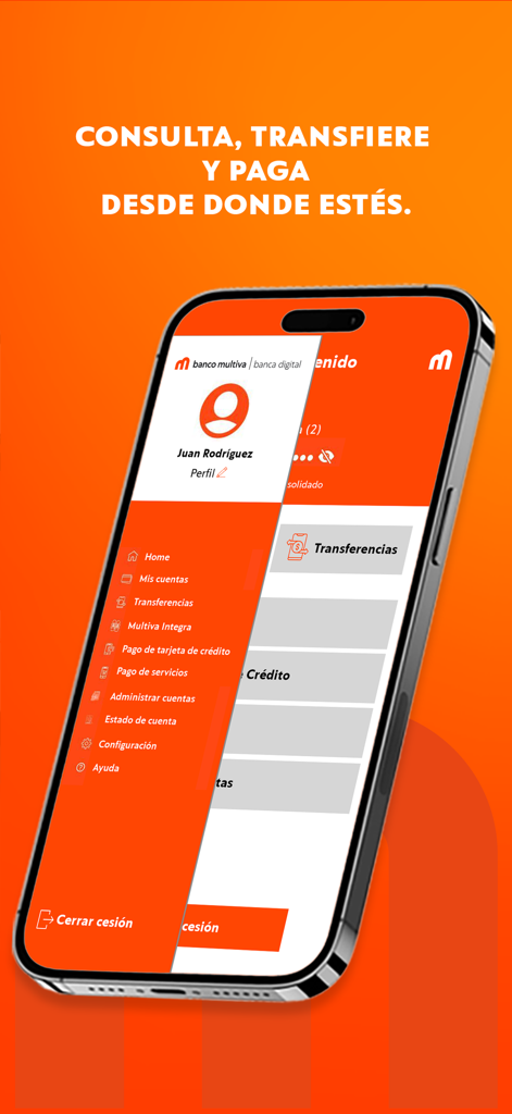 Multiva | Banca Digital Móvil - Interfaz de la aplicación de banca móvil de Multiva que muestra el menú de navegación para administrar cuentas mexicanas y transferencias internacionales