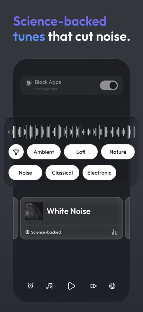 Soundscape: Focus & Deep Sleep - Smartphone screen displaying Soundscape app with focus music categories and an app blocking feature
