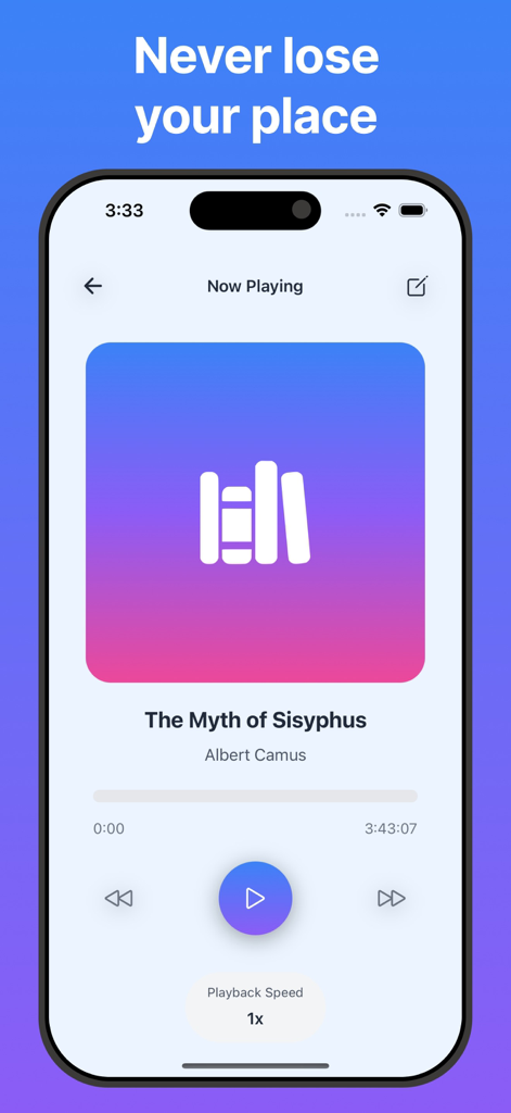Interface de reprodução em andamento do aplicativo Audiobook Player exibindo o progresso e os controles de um livro offline