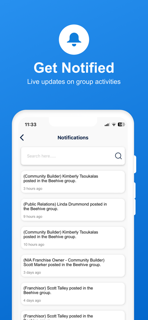Network In Action - Interface de notificações do aplicativo Network In Action exibindo atualizações de atividades de grupo ao vivo e postagens da comunidade profissional