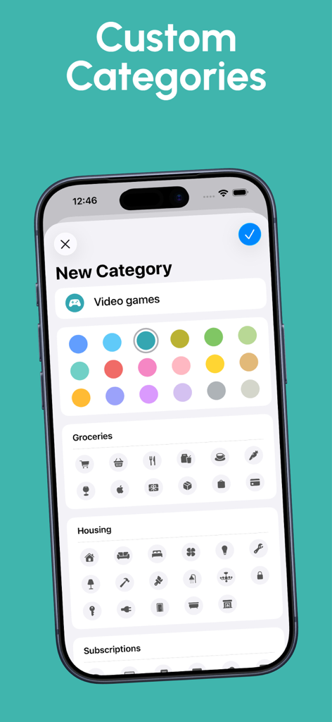 Folyo – Expense Tracker - Interface para criar categorias de despesas personalizadas com ícones coloridos no aplicativo Folyo