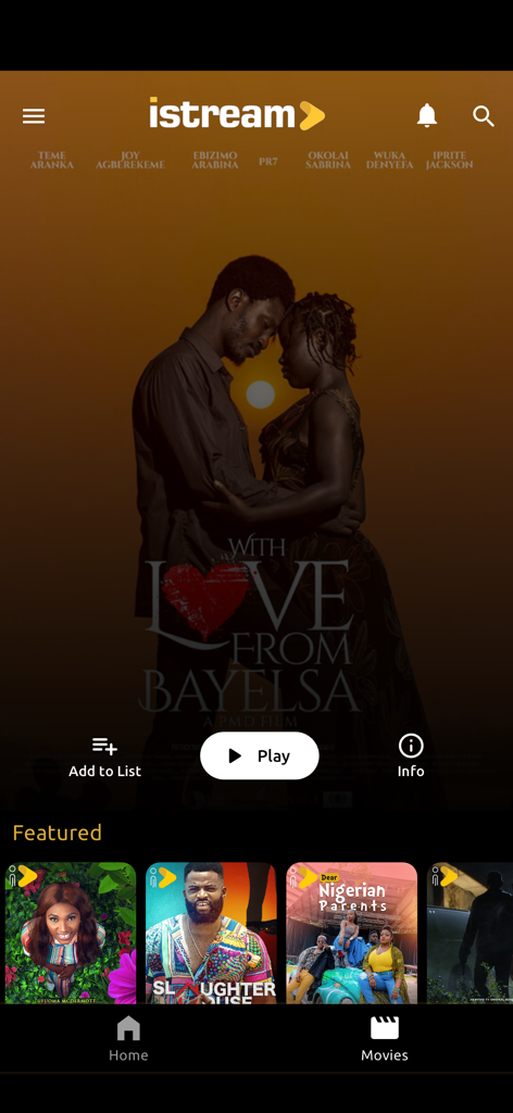 iStream NG - iStream NG app home screen displaying featured African movies and a selection of short form entertainment.