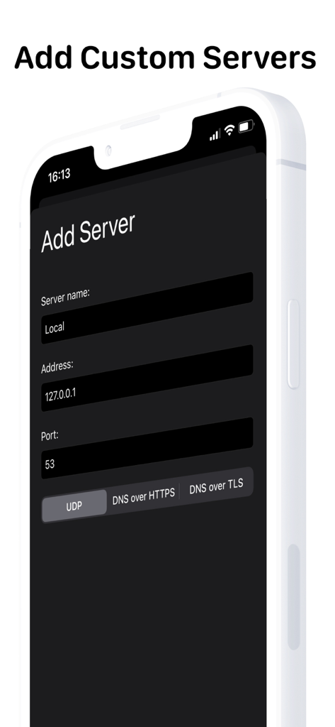 DNS Client - Interfaccia dell'app DNS Client che mostra la schermata Aggiungi Server con campi per nome del server, indirizzo IP, numero di porta e selezione del protocollo.