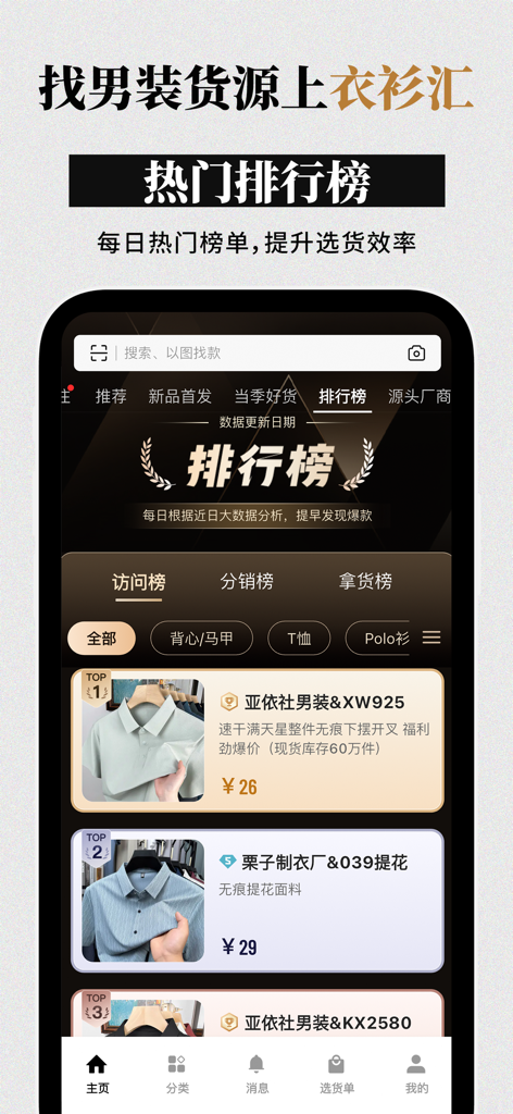 衣衫汇男装网批 一手服装拿货批发平台 网店微商实体店一件起批 - Trending men's clothing products on the Yi Shan Hui wholesale app ranking page
