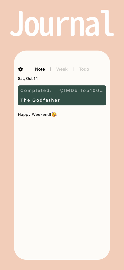 Screenshot of the Goalday planner app showing the journal section with a completed movie task and a personal note