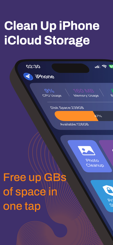 SmartClean: AI Photo & Storage - Dashboard of SmartClean app showing disk space usage and photo cleanup option
