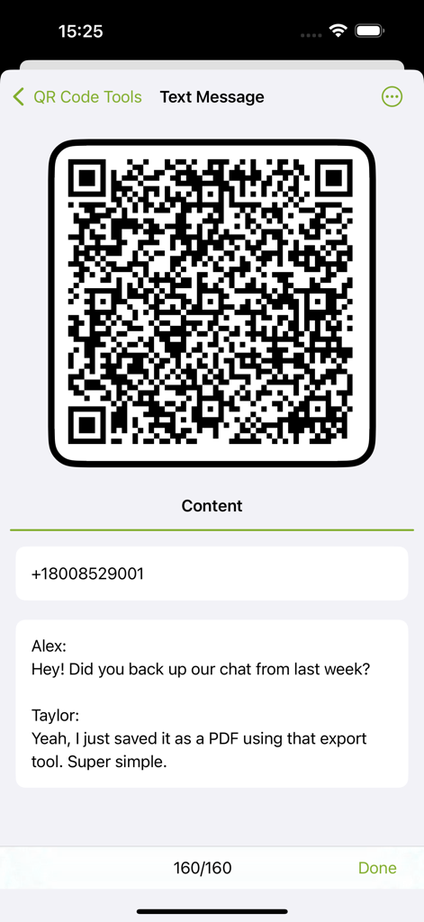 Mobile screen showing a generated QR code for a text message conversation export