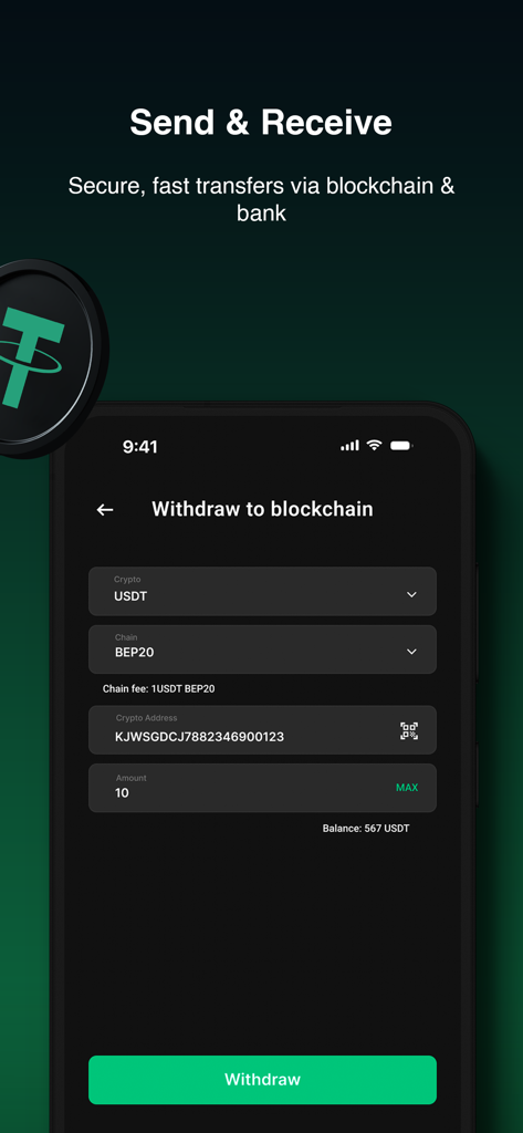 Coinmania app screen for withdrawing USDT cryptocurrency to a blockchain address