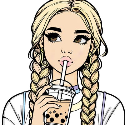 realistic girl with braided hair drinking boba