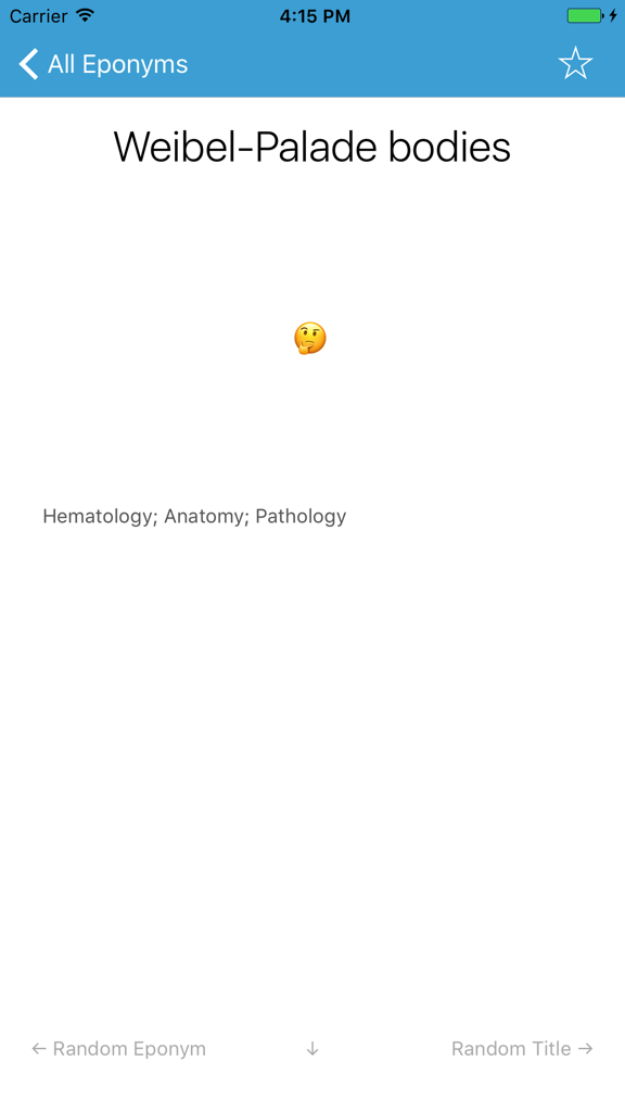 Modo de aprendizaje de la aplicación Eponimos que muestra una tarjeta didáctica con un término médico y un emoji pensativo